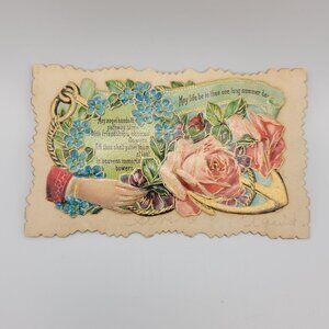 Vintage Embossed Die-Cut Greeting Card Floral Design Friendship Verse Roses